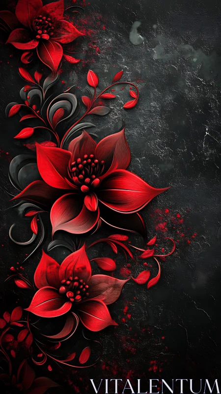 Red Botanical Phantoms Against Charcoal Darkness.