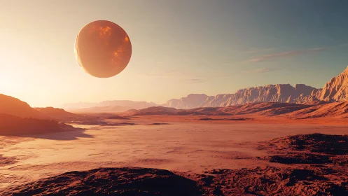 Rocky extraterrestrial desert landscape with large nearby moon.