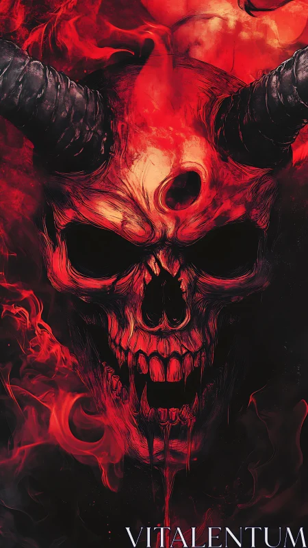 Horned demonic skull in red smoke with high contrast lighting.