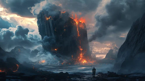 Epic volcanic monolith with lone adventurer, cinematic framing.