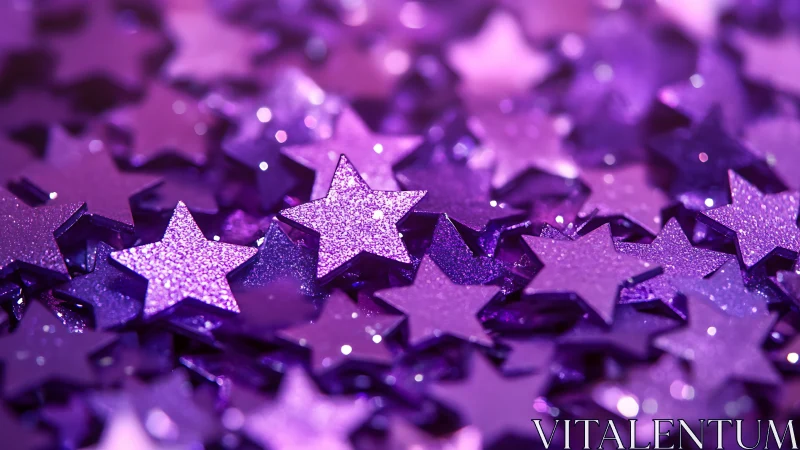 Violet glitter star confetti in shallow depth-of-field macro.