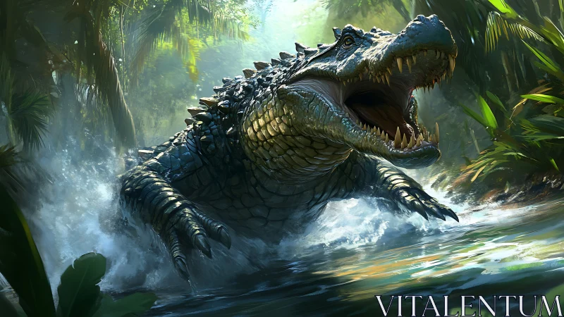 Predatory crocodile lunging through sunlit jungle river.