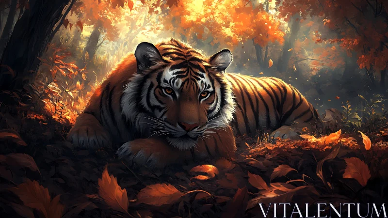 Autumn forest tiger resting under glowing amber canopy.