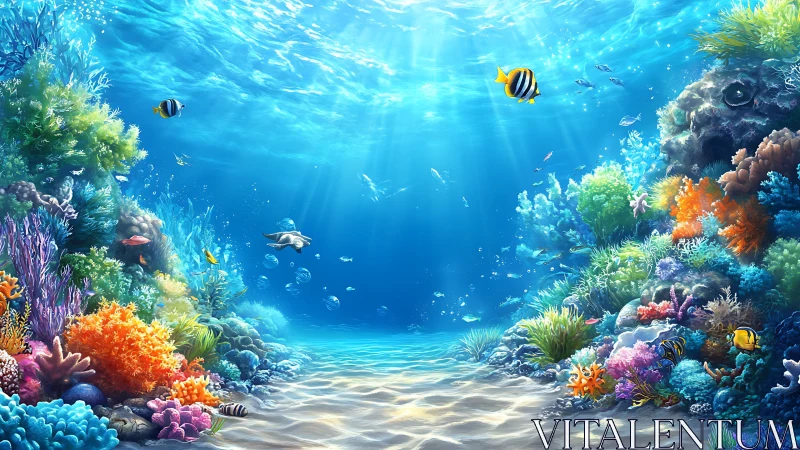 Radiant coral reef teems with tropical life beneath sunbeams.