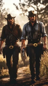 Photorealistic Western gunslingers in cinematic vertical frame.