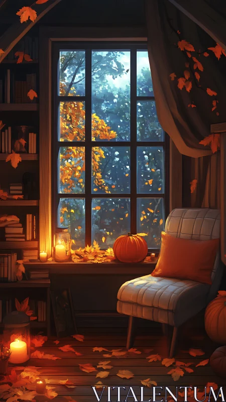 Autumn reading nook with candlelit window glow and pumpkins.