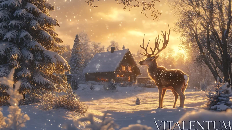 Snowlit stag stands before a warm-lit cabin at golden sunset