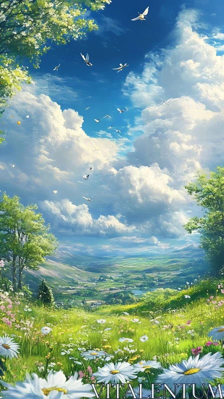 Sunlit valley meadow with clouds, wildflowers, and birds.