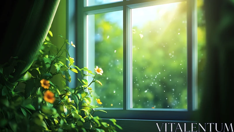 Digital painting of sunlit window framing lush indoor foliage.