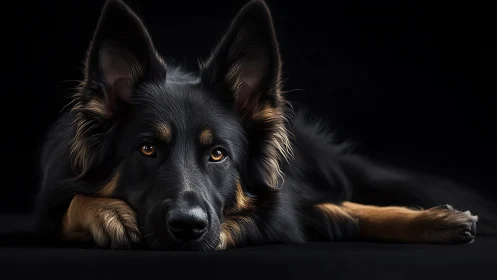 Black shepherd dog portrait under dramatic low key light.