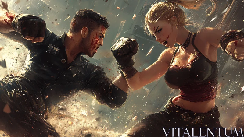 Combat Clash: Armored Fighters Exchange Blows in Golden Explosion.