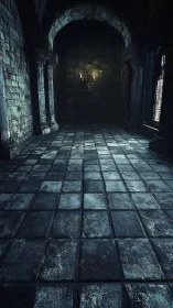 Damp stone corridor with single candelabra light source.