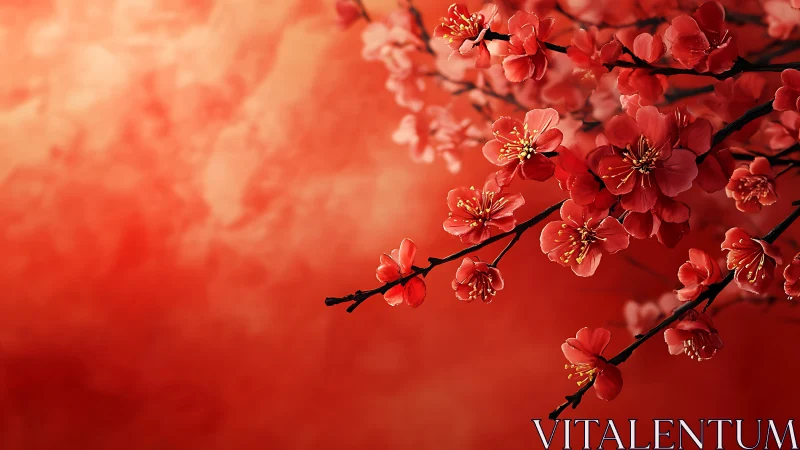 Red plum blossoms bloom on delicate branches against crimson backdrop.