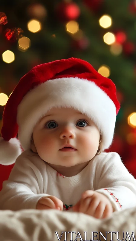 Baby in red Santa hat under warm Christmas bokeh glow.