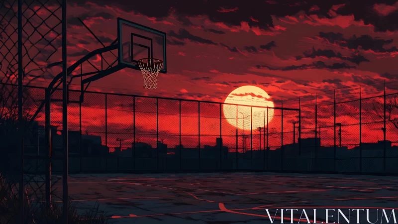 Outdoor basketball court stands under intense red sunset sky