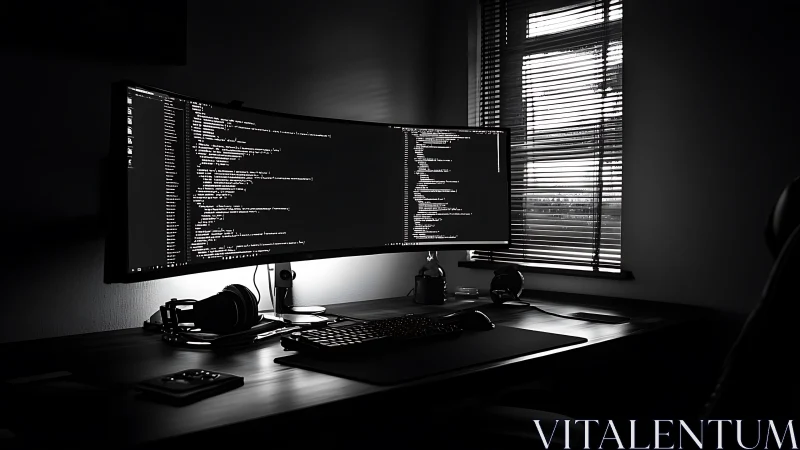 Ultrawide coding workstation in high-contrast monochrome lighting