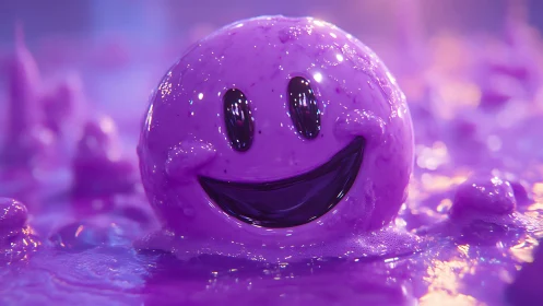 Purple glossy smiley sphere emerging from viscous liquid.