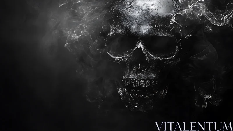 Metallic human skull emerging from dark swirling smoke.