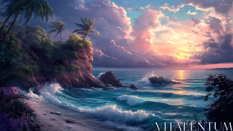 Tropical Sunset Cliffs with Crashing Waves.