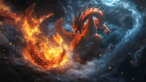 Fiery dragon unleashes blazing power amid stormy ocean clash
