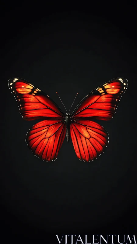 Photorealistic scarlet butterfly on deep black ground.