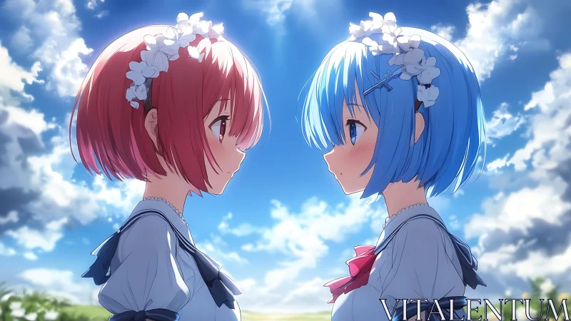 Twin anime girls share quiet skylit meadow standoff