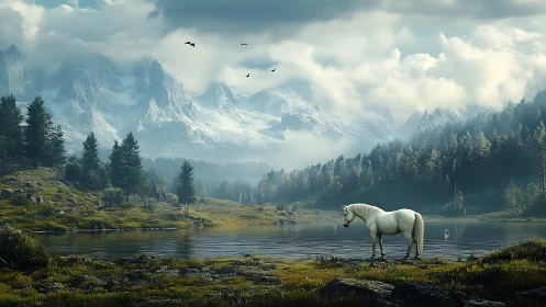 White horse beside alpine lake under misted mountainscape.