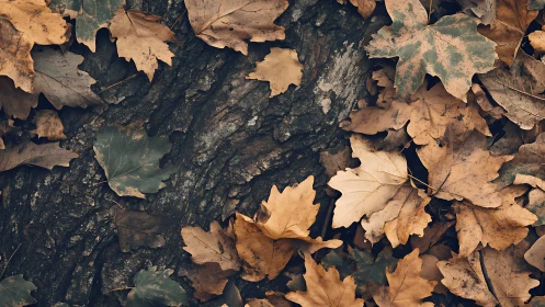 Fallen maple leaves scattered over rough tree bark surface.