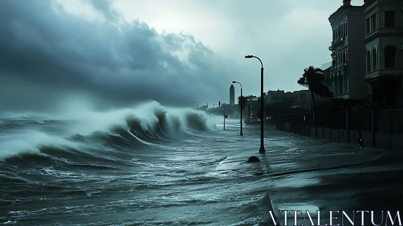 Storm surge engulfs coastal boulevard under cyan skies.
