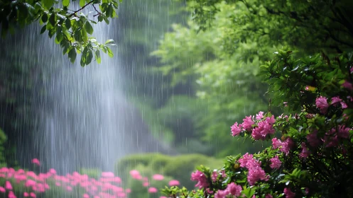 Rainlit azalea sanctuary where soft petals drink the storm.