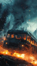 Runaway wildfire bus carving through ember-choked forest skies.
