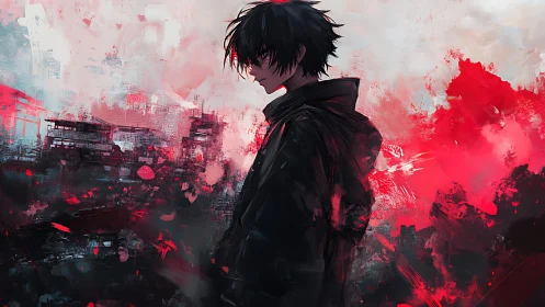 Quiet anime wanderer in a storm of glowing crimson light.