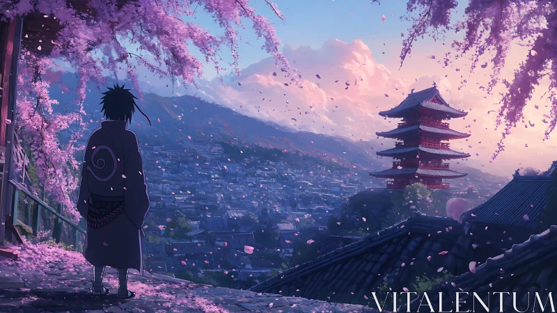 Solitary figure surveys pagoda city beneath falling blossoms