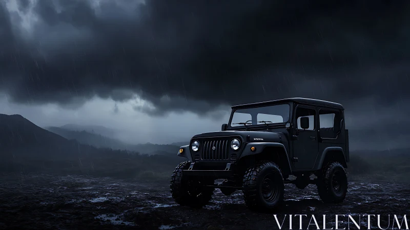 Storm-hungry off-road jeep prowls beneath thunder skies.