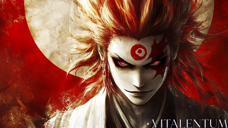 Demonic samurai portrait with fiery hair and circular sigil