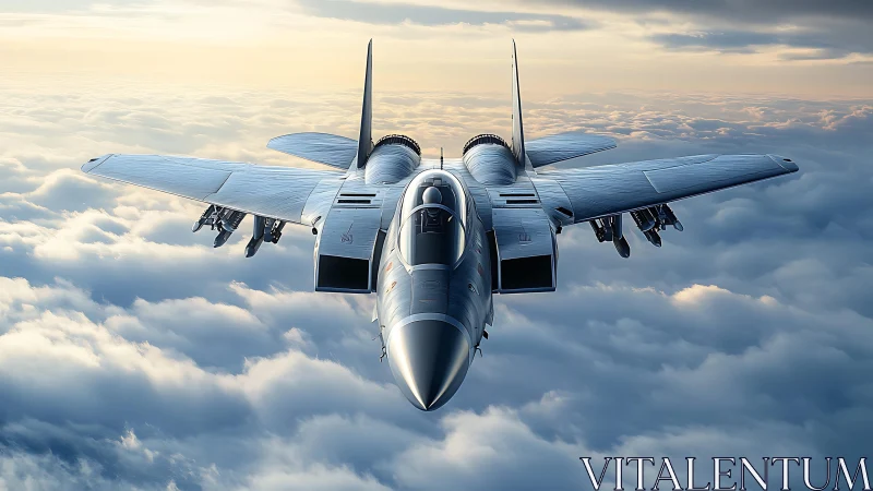 Sleek silver jet gliding confidently above soft clouds.