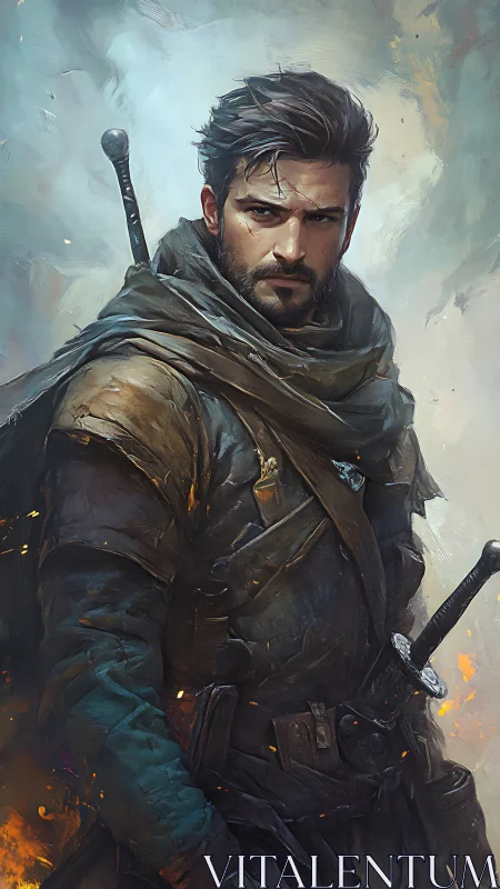 Battle-worn ranger with dual swords in smoky ember haze