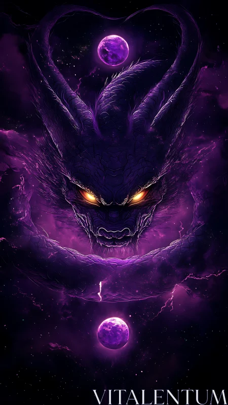 Cosmic purple demon head looming over twin glowing planets.