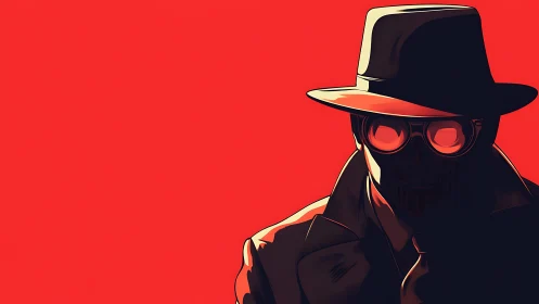 Silhouetted figure in trench coat and hat on red field.