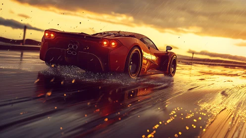 Golden-hour supercar glides along a rainy coastal highway