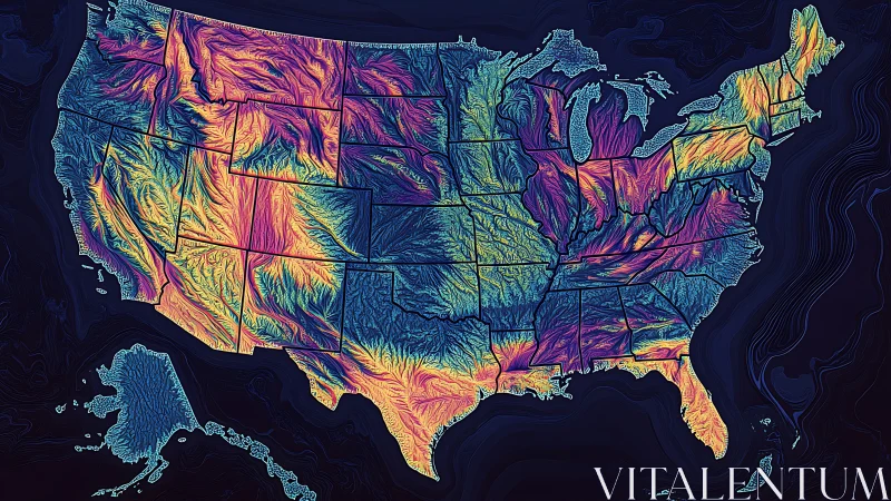 United States elevation map glows with neon relief gradients.