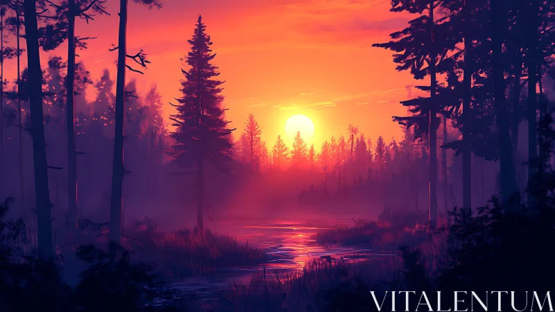 Sunset illuminates misty conifer forest over reflective river