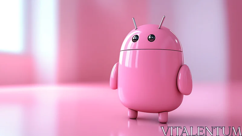 Pink glossy robot figurine stands on reflective surface