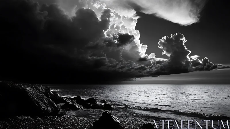 High-contrast shoreline storm cloudscape with dramatic tonal range