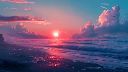 Dreamlit cotton-candy sunset washing over quiet waves.