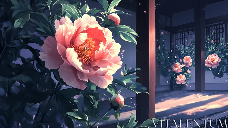 Soft garden peonies glow gently beside a tranquil veranda