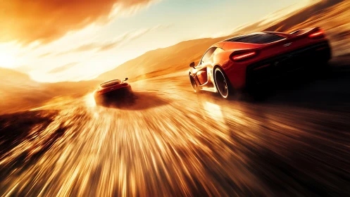 Sunset supercars slingfire down a molten canyon highway.
