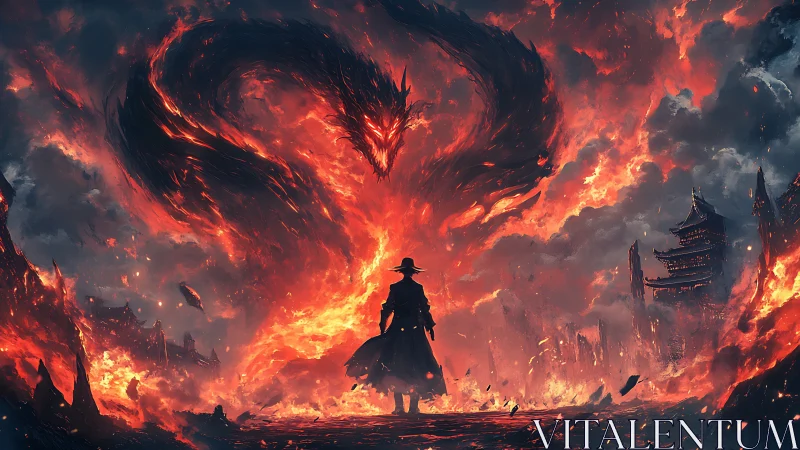 Lone warrior confronts colossal fire dragon over ruins.