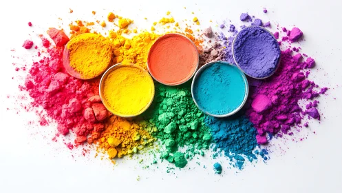 Vivid circular pigment pans scatter bright rainbow powder