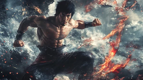 Martial artist channels elemental power in dynamic charge.